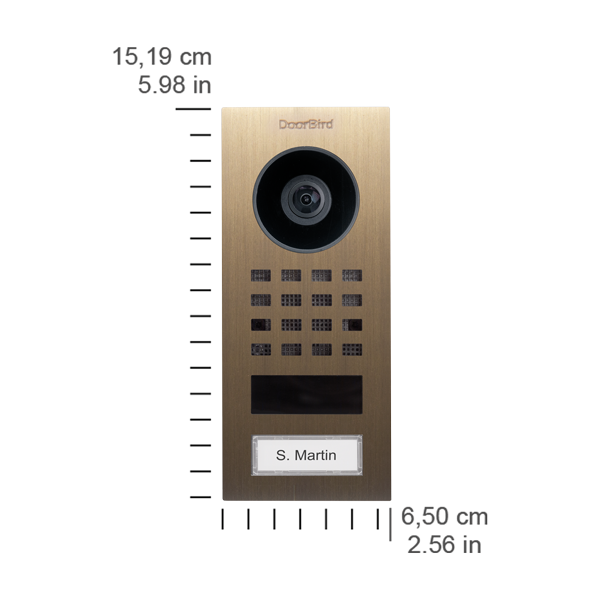 DoorBird burnished brass video intercom with round camera, keypad grid, 'S. Martin' badge