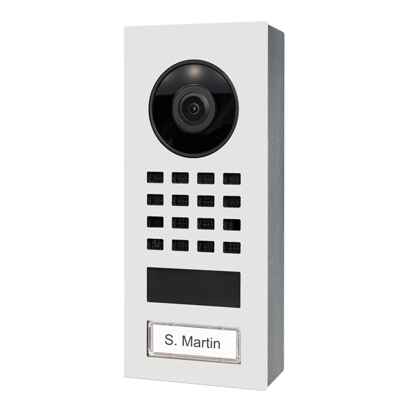 DoorBird surface-mount video intercom with camera lens and keypad, traffic white