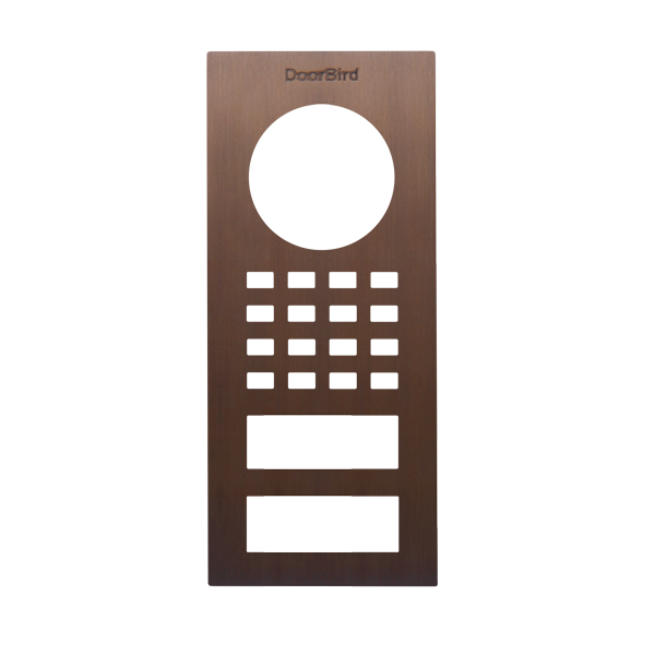 DoorBird architectural bronze front panel with circular lens, keypad, and speaker openings