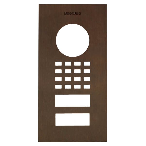 Bronze door entry front panel with DoorBird logo, call button grille and speaker slots
