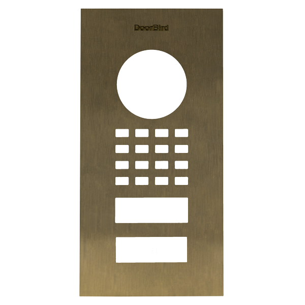DoorBird burnished brass front panel with circular camera opening and keypad buttons