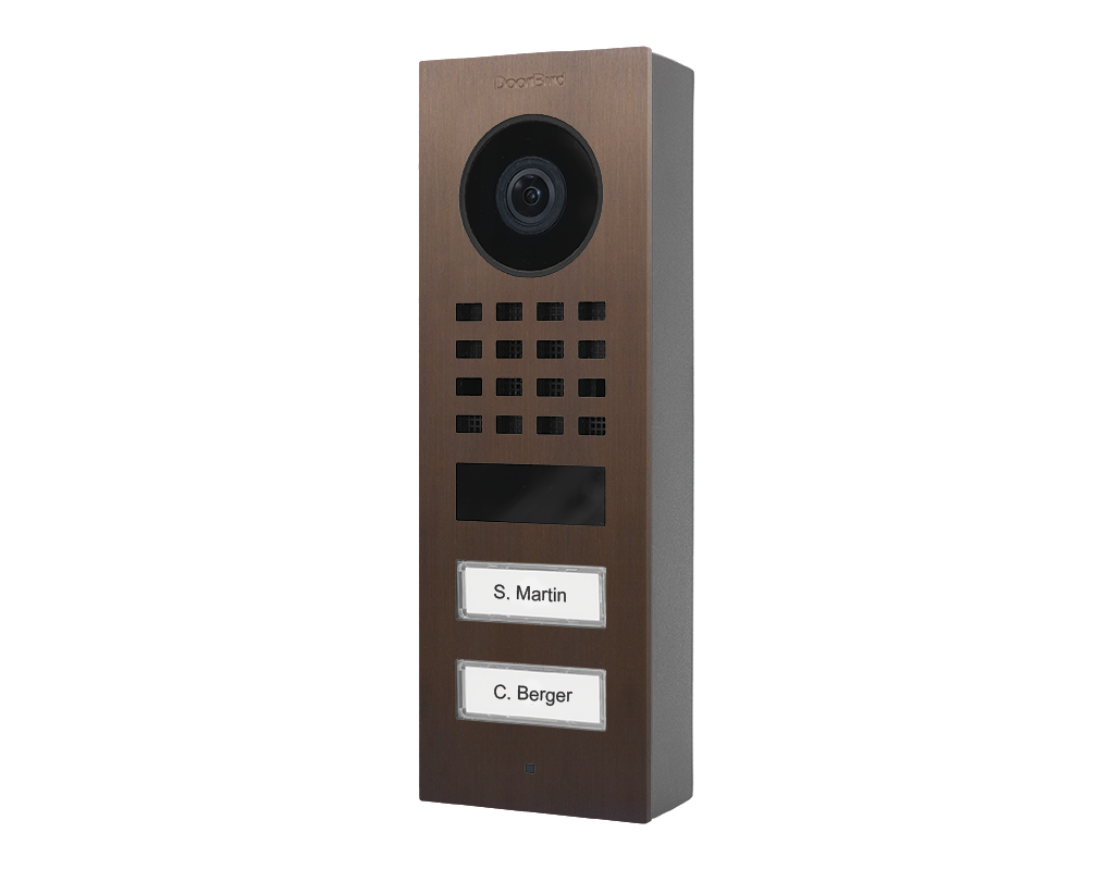 DoorBird surface-mount video door station in architectural bronze with 2 call buttons