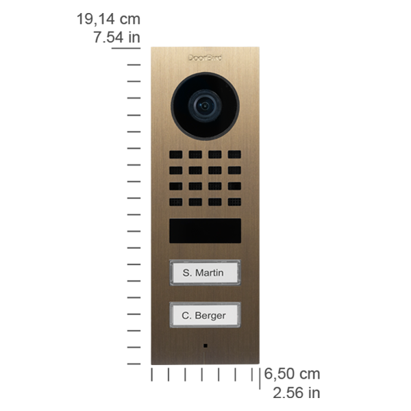 DoorBird burnished brass video door station front with camera, speaker grille, two labeled call buttons
