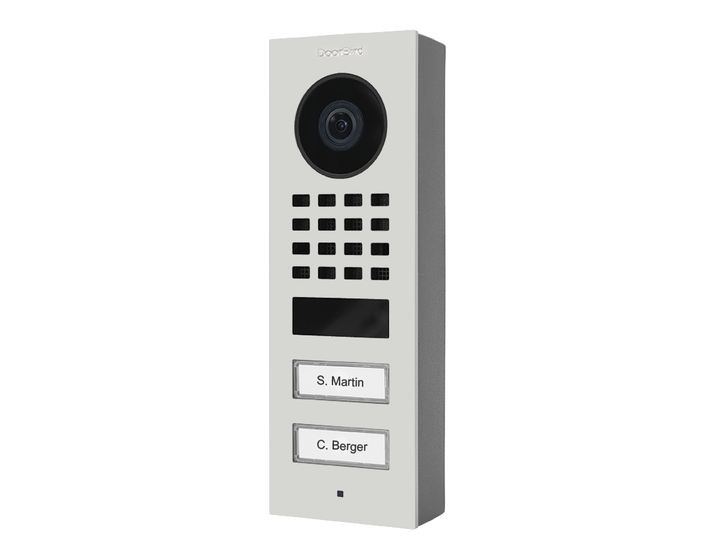 Traffic white surface-mount video door station with camera, two nameplates