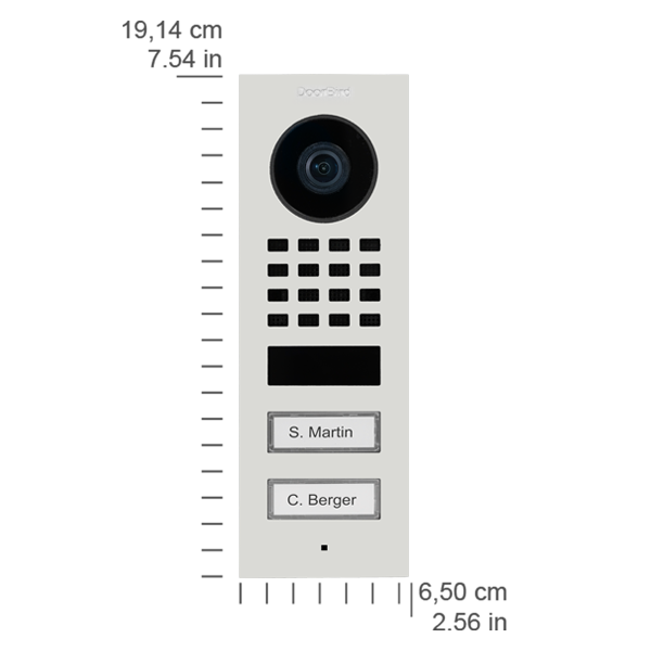 Traffic white video door station side view with camera and call buttons, nameplates