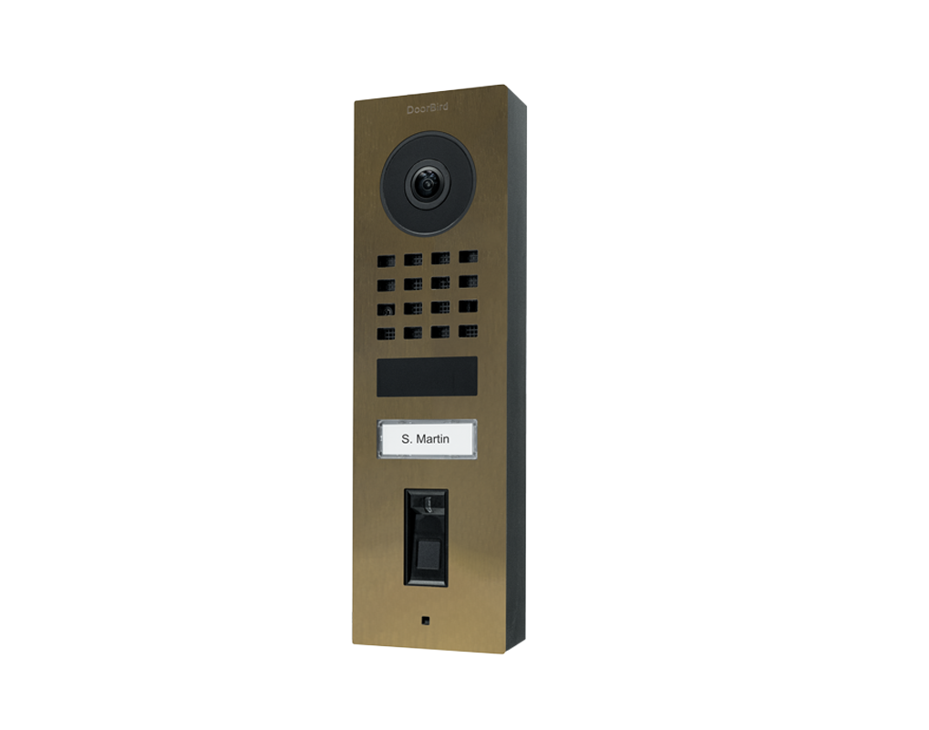 Brushed brass video door station with camera, speaker grille, call button, nameplate