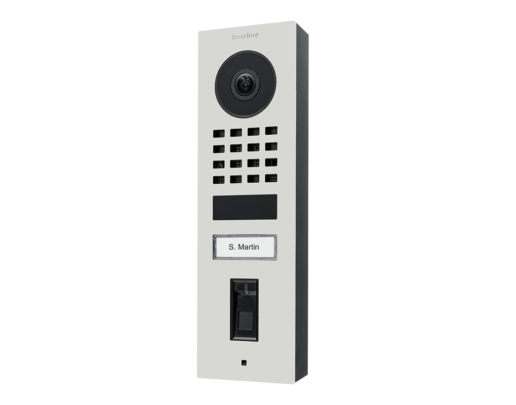Traffic white video door station with camera, keypad grille, and call button