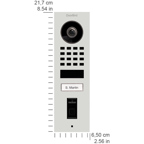 Video door station front view with camera lens, keypad, nameplate, and call button