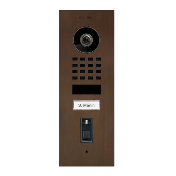 DoorBird fingerprint video door station in architectural bronze, with camera and call keypad