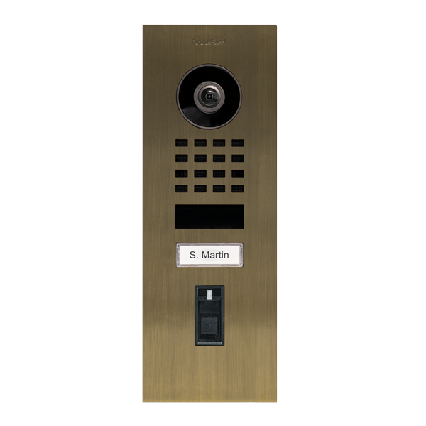 DoorBird D1101FV Fingerprint 50 Flush-Mount IP Video Door Station, 1 Call Button in Real Burnished Brass