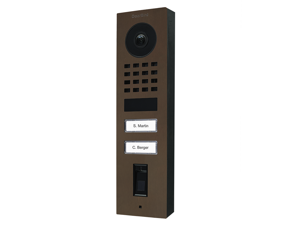DoorBird IP video door station in bronze with camera lens, call buttons, and nameplates