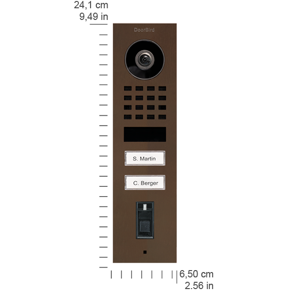 DoorBird bronze surface-mount video door station front: camera, speaker grille, two call buttons