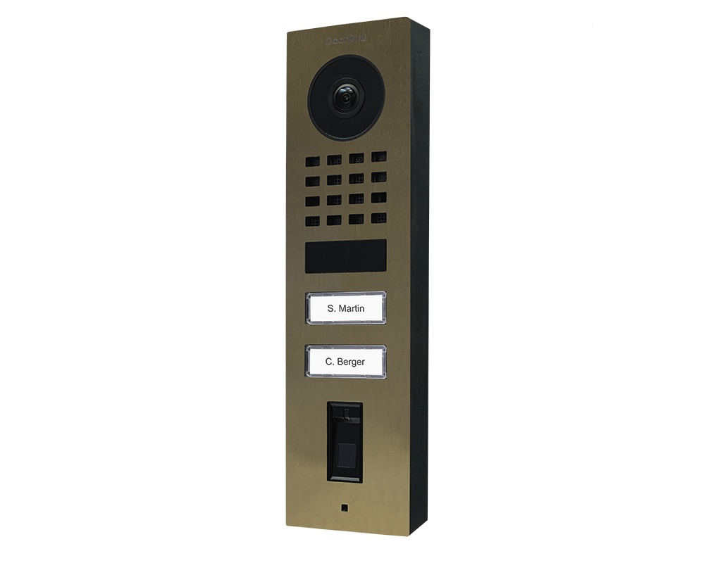 DoorBird brass video door station with camera, keypad grid, two name call buttons