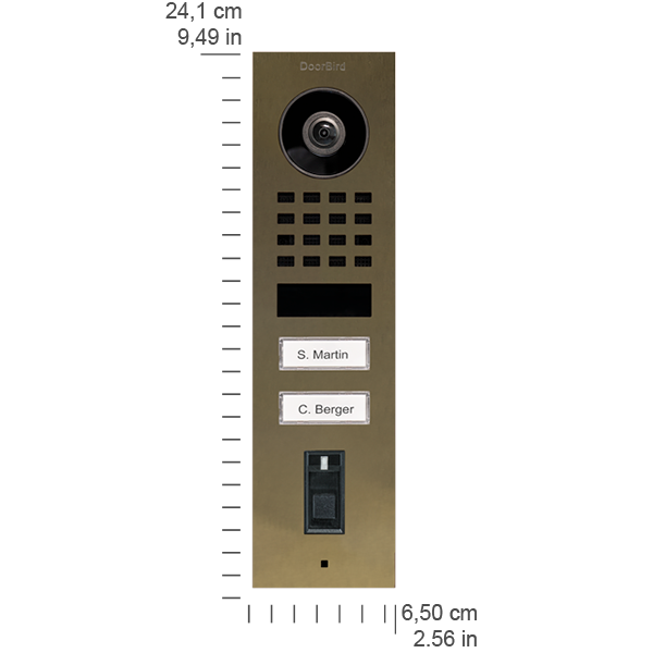 DoorBird brass video door station with camera and call buttons labeled S. Martin, C. Berger