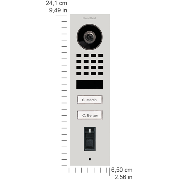 White video door station with large camera, keypad grid, and two labeled call buttons