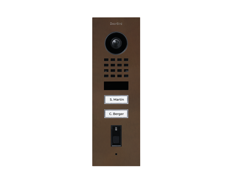 DoorBird bronze flush-mount video door station with camera lens and two call buttons