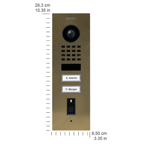 Burnished brass flush-mount video door station with camera, speaker grille, two labels