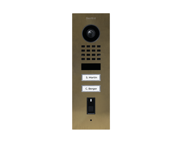 DoorBird D1102FV Fingerprint 50 Flush-Mount IP Video Door Station, 2 Call Button in Real Burnished Brass