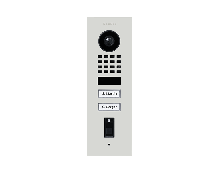 Traffic white flush-mount video door station with fingerprint reader, camera, two nameplate buttons