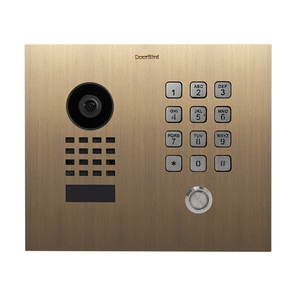 Burnished brass flush-mount video door station with camera, keypad, and call button