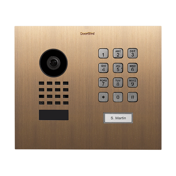 DoorBird D1101KH-M-F Modern Flush-Mount IP Video Door Station, 1 Call Button in Real Burnished Brass