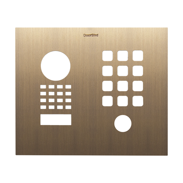 DoorBird real burnished brass door front panel with speaker grille and button matrix