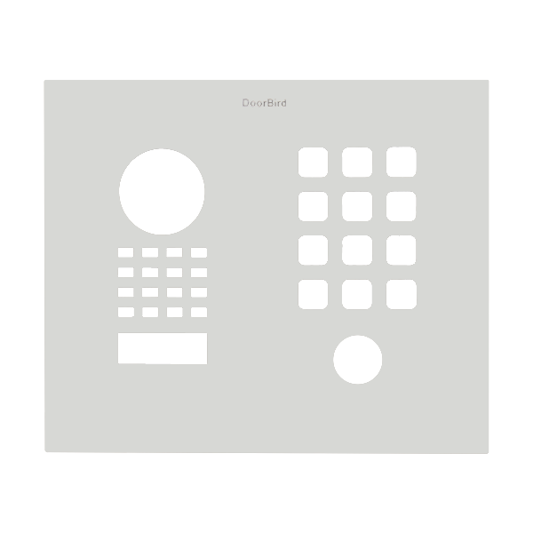 Traffic white DoorBird door front panel with logo, button grid, and circular lens opening