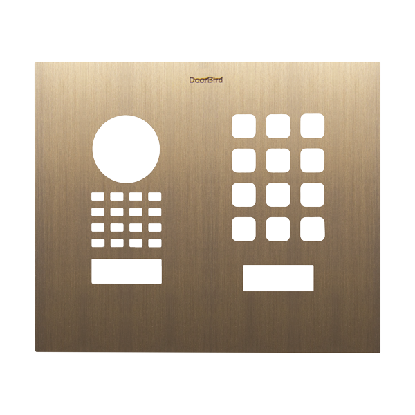 DoorBird burnished brass door entry front panel with keypad and speaker grille