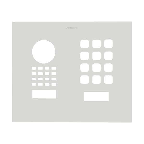 DoorBird traffic-white door entry front panel with circular opening, button grid, and nameplate