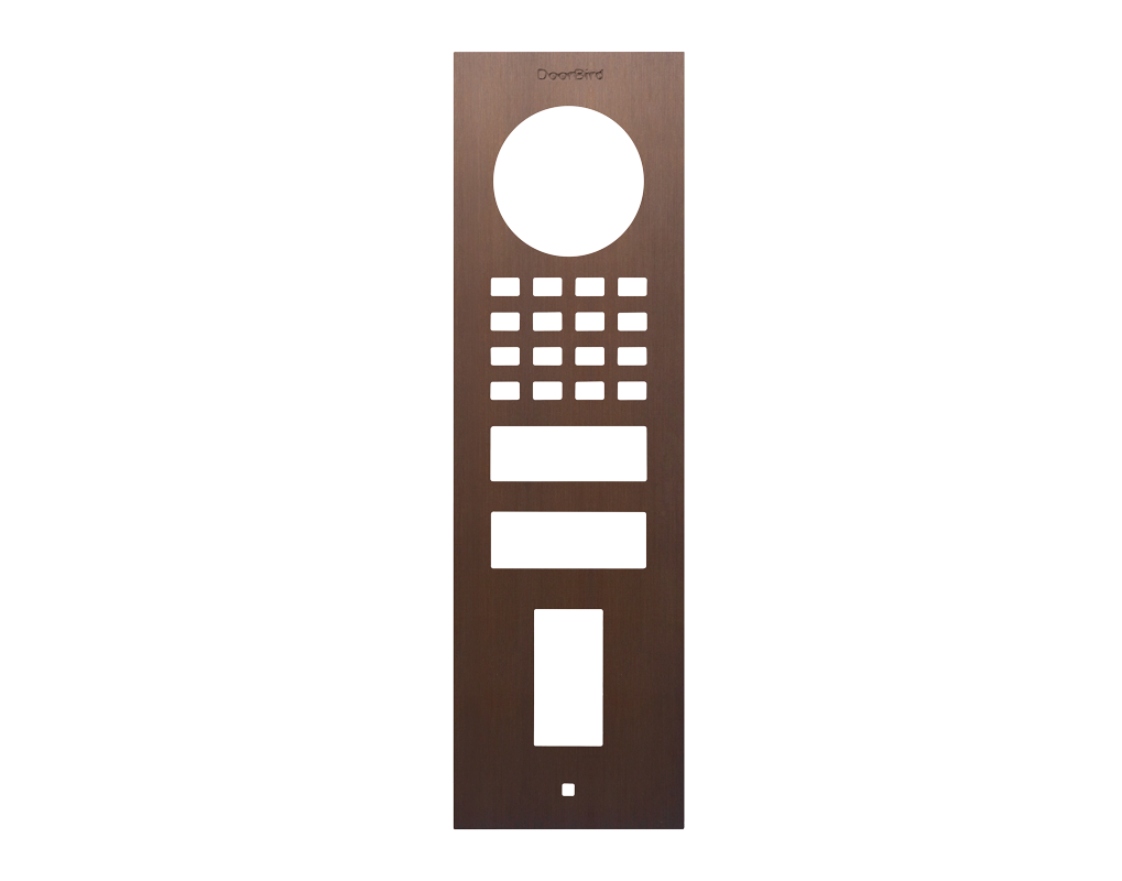 DoorBird architectural bronze fingerprint front panel with round scanner and keypad grid