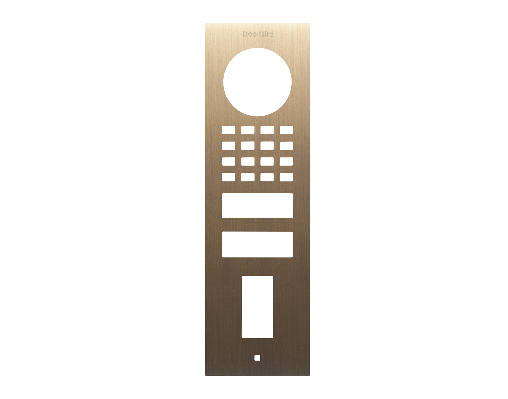 DoorBird brass front panel with circular opening, keypad grid, and two button slots