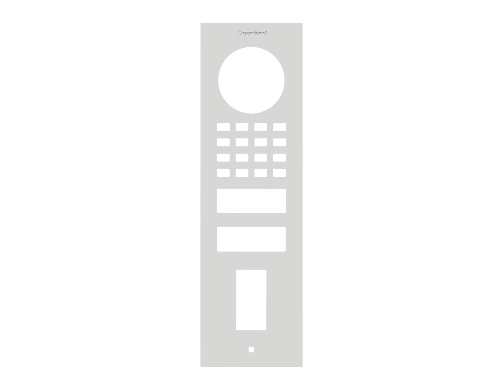 DoorBird front panel in traffic white with circular opening, button keypad, and card slot