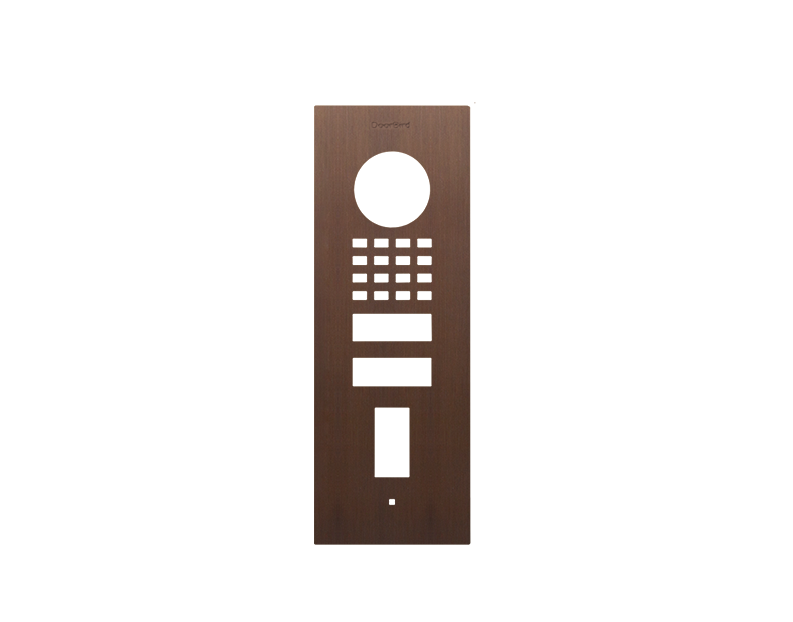 DoorBird architectural bronze fingerprint door panel with circular port and keypad