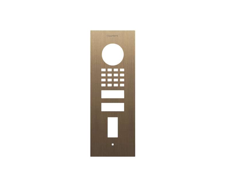 DoorBird burnished brass flush-mount front panel with circular opening and push button area