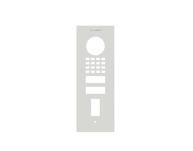 DoorBird white flush-mount front panel with circular fingerprint area and keypad buttons