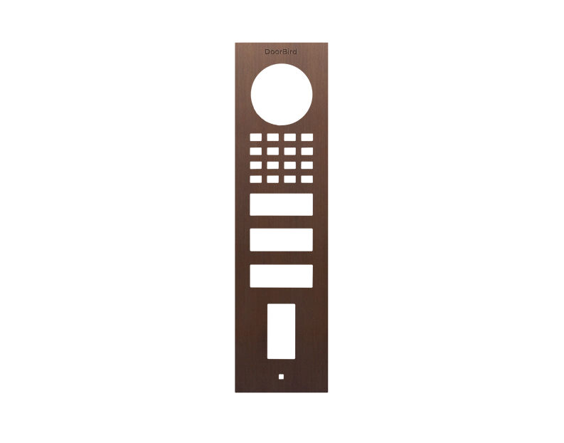 Bronze DoorBird front panel with circular opening, keypad dots, and button cutouts