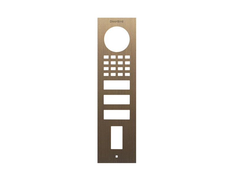 DoorBird burnished brass fingerprint front panel with circular and card cutouts