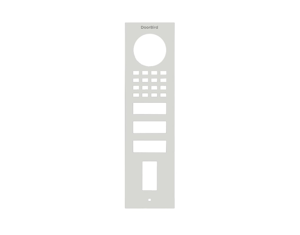 DoorBird white surface-mount front panel with round fingerprint area and keypad buttons