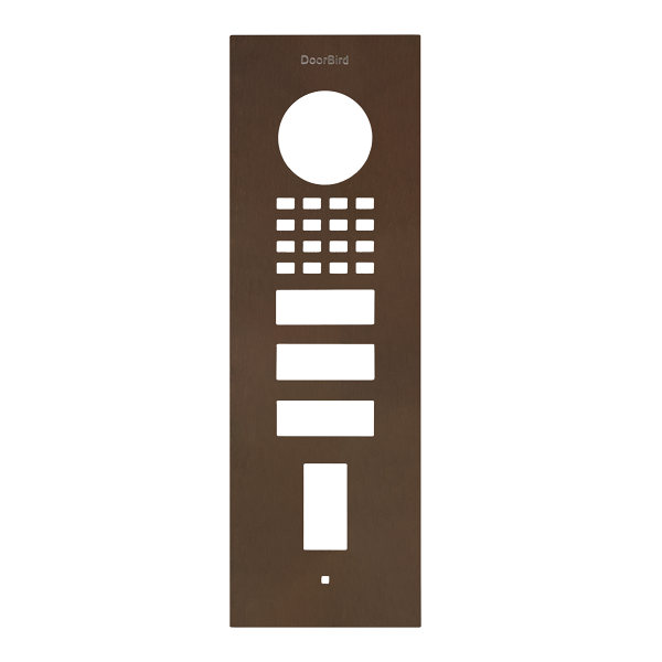 DoorBird bronze flush-mount front panel with round sensor cutout and button keypad