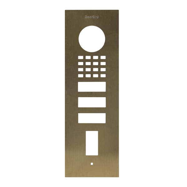 Burnished brass DoorBird flush-mount panel with round lens, keypad, and two label slots