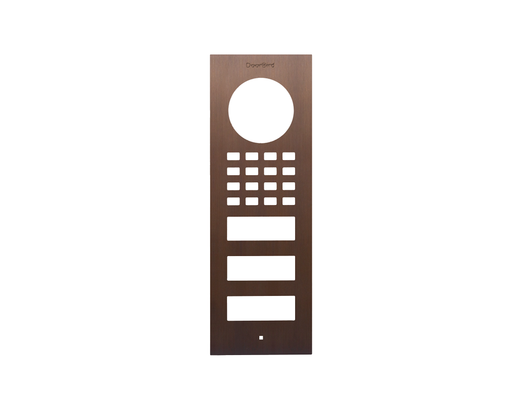 DoorBird bronze surface-mount front panel with round camera opening and keypad