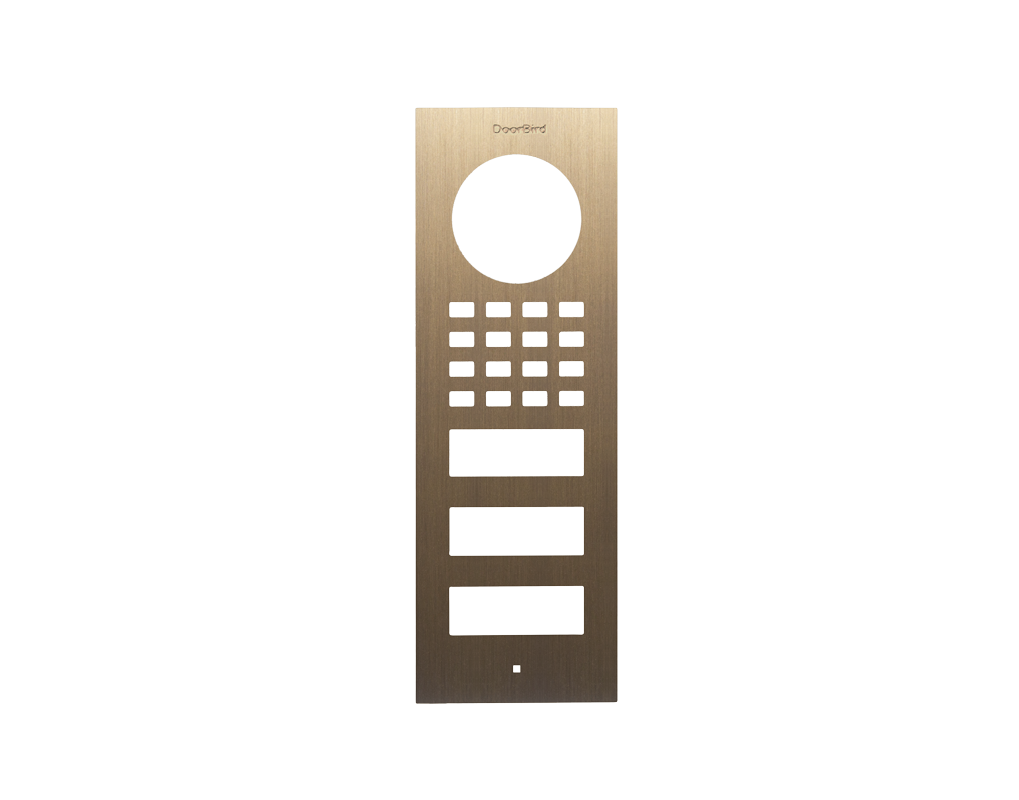 Burnished brass surface-mount doorbell front panel with circular opening and keypad