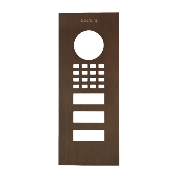 DoorBird bronze flush-mount front panel with circular lens, button grid, and labels