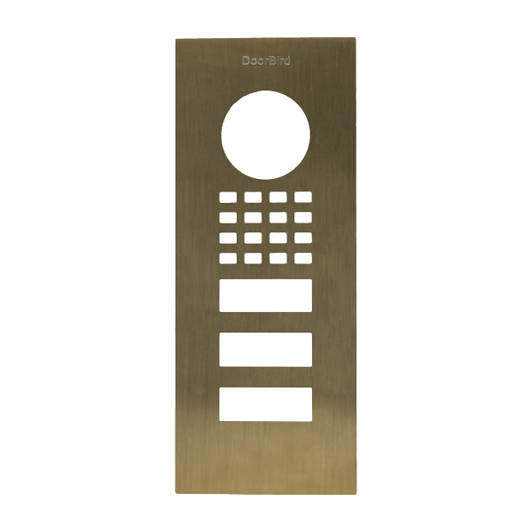 DoorBird burnished brass front panel with circular door button and keypad grid