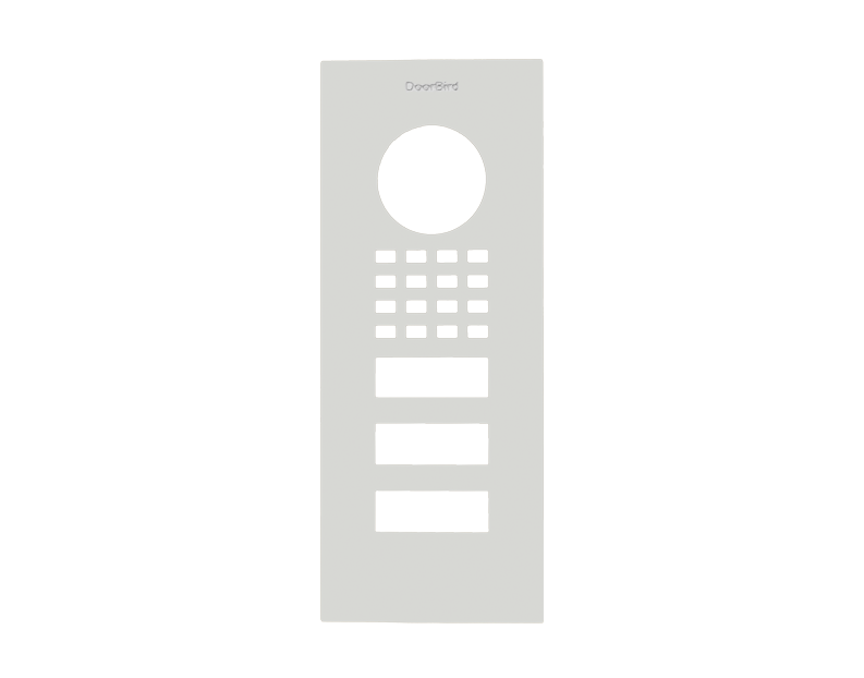 DoorBird front panel in traffic white with camera cutout, keypad buttons, speaker slots
