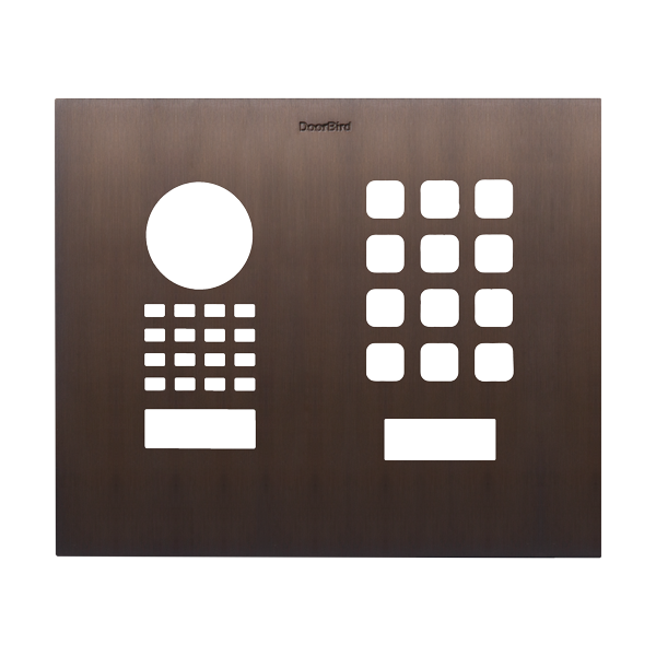 DoorBird bronze doorbell front panel with circular speaker and button keypad grid