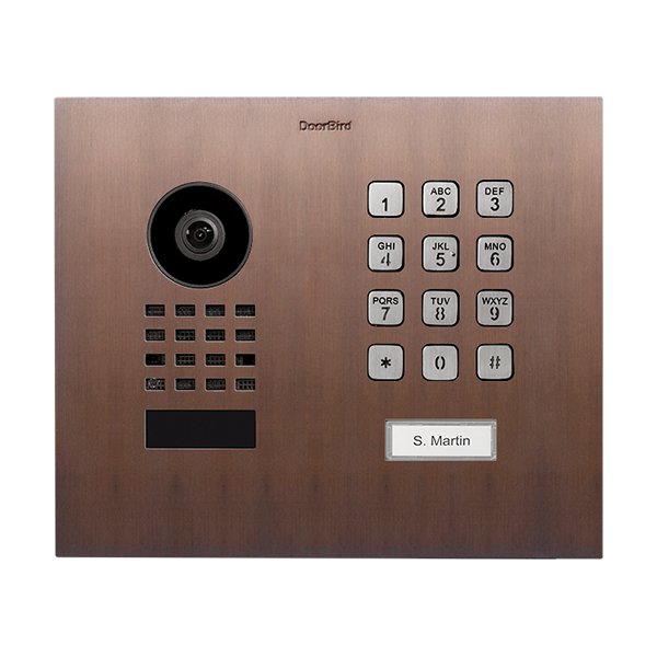 Bronze flush-mount video door station with camera, keypad, and S. Martin nameplate