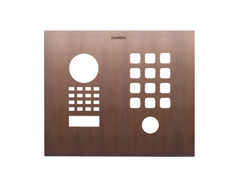 DoorBird bronze doorbell front panel with circular speaker and square button grid cutouts