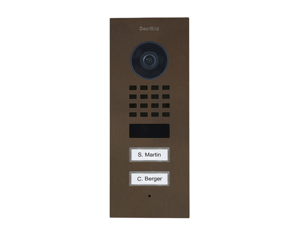 DoorBird flush-mount video door station in architectural bronze, camera and two call buttons