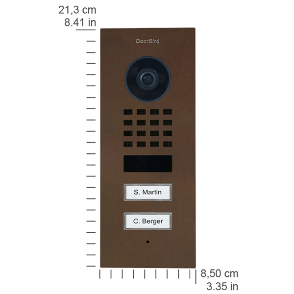 Architectural bronze DoorBird video door station with camera lens and two labeled call buttons